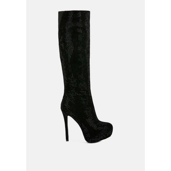 Black Rhinestone Embellished Stiletto Calf Boots
